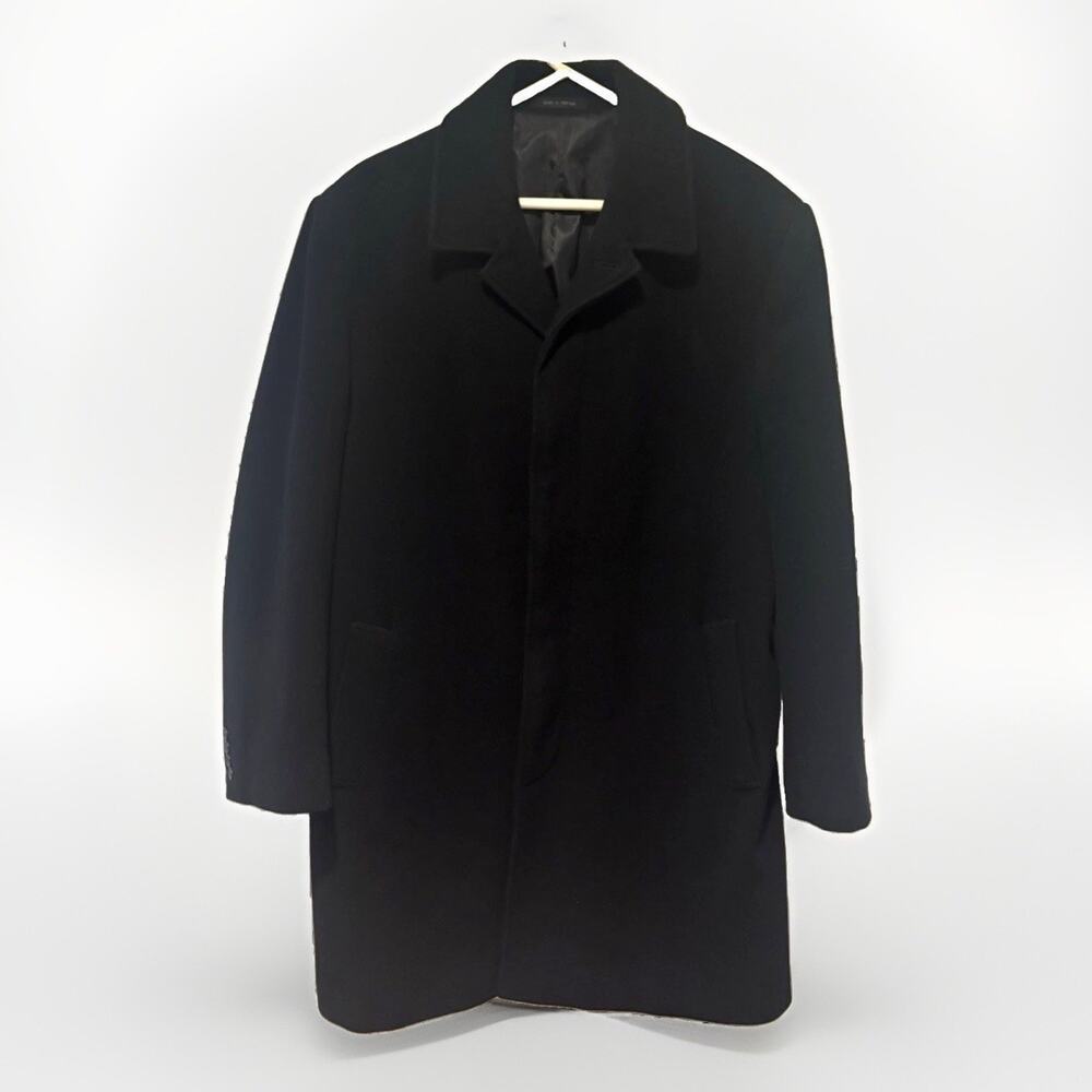 London Fog Mens 42R Black Wool Blend Overcoat Fly Front Hidden Button Top Coat